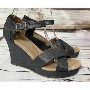 Toms Sandals Wedge Womens 7.5 Silver Black Ankle Strap Shoes Heel Criss Cross